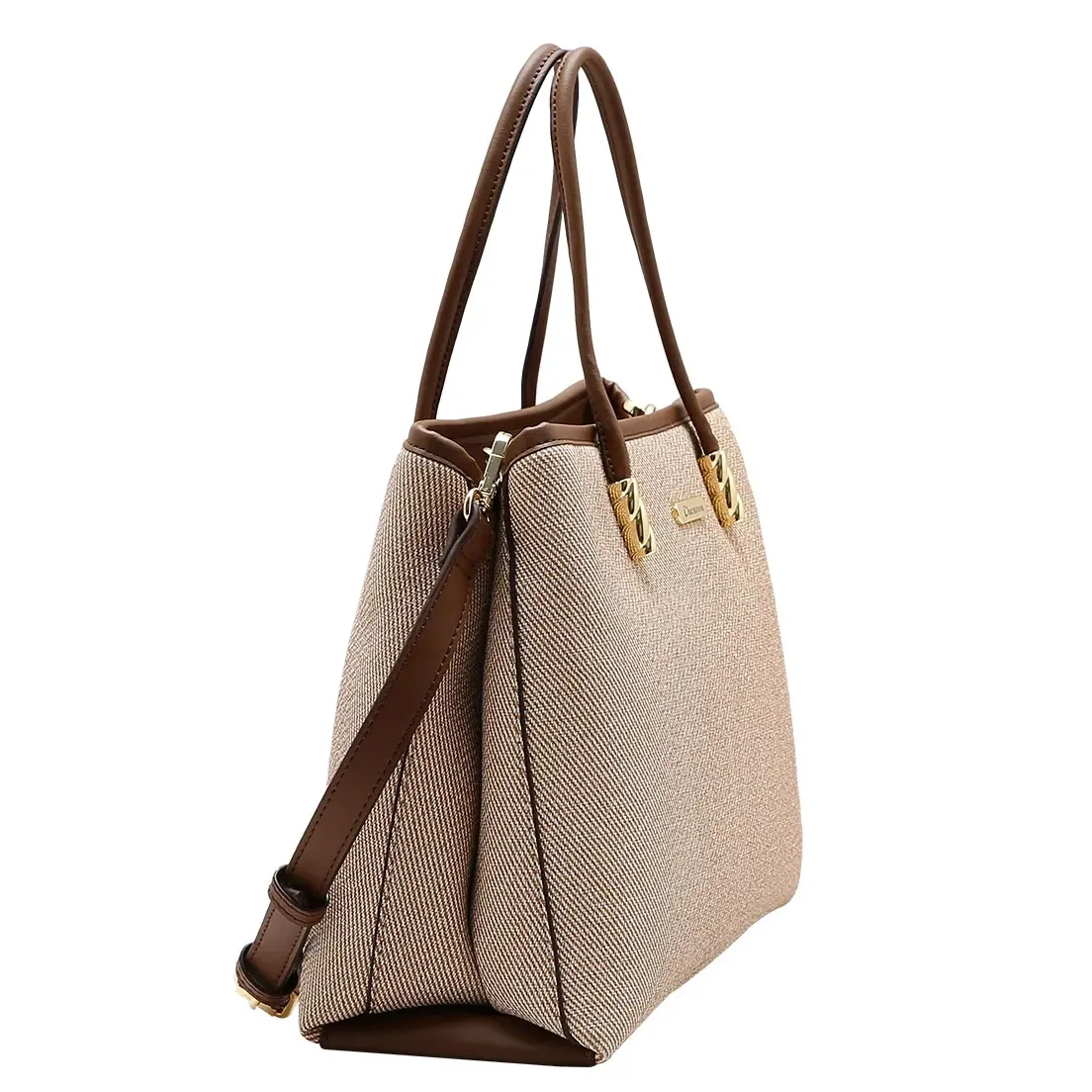 Bolsa Chenson nude vista lateral mostrando alças fixas marrom e alça removível ajustável